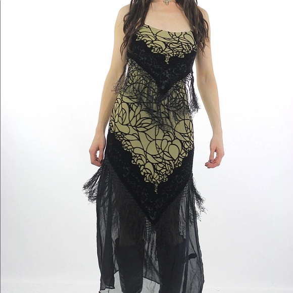 AUTHENTIC VINTAGE 90S VELVET BURNOUT DRESS SHEER LACE FRINGE GRUNGE GOTH S - Picture 2 of 9